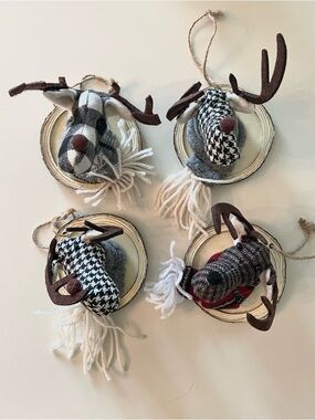 Set of 4 Ashland Reindeer / Moose Head Ornaments - Plaid & Houndstooth